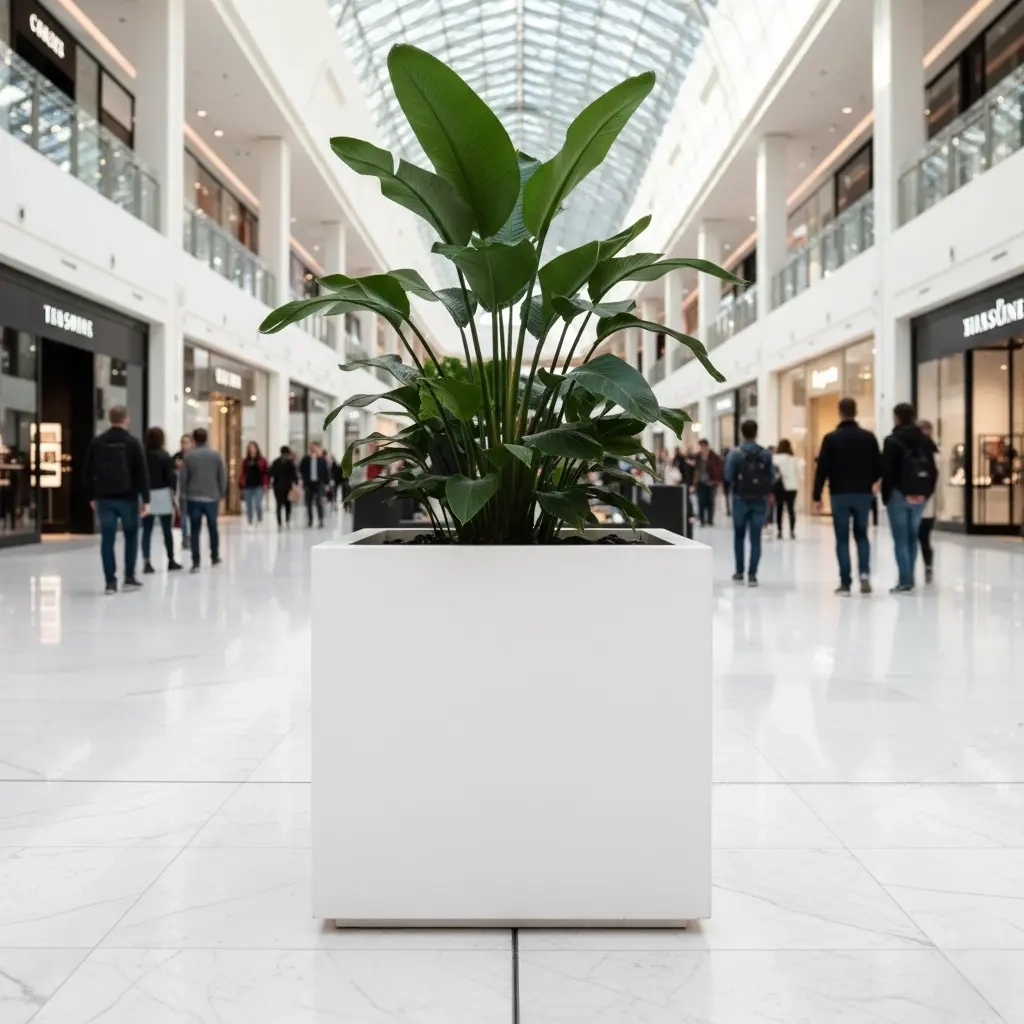 Large Square GRC Concrete Planters as Space Dividers in a Modern Commercial Atrium